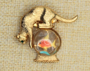 VINTAGE Gold Crown Hallmark Cat Watching Fish Bowl Brooch • Green Rhinestone Eyes • Gold Tone Figural Pin