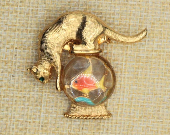VINTAGE Gold Crown Hallmark Cat Watching Fish Bowl Brooch • Green Rhinestone Eyes • Gold Tone Figural Pin