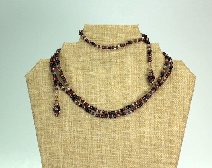 VINTAGE Beaded Scarf Necklace. Convertible Wrap Necklace. Burgundy Glass Beads. Long Lariat Style Jewelry