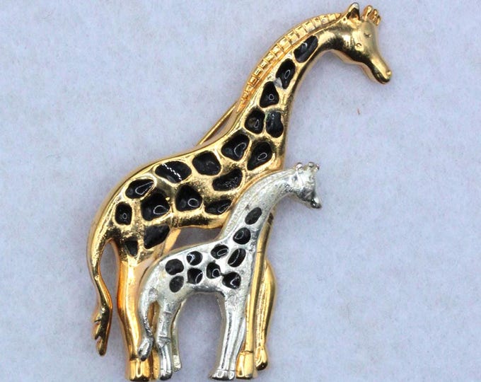 VINTAGE Tanya Creations Mother & Baby Giraffe Brooch • Gold Tone Enamel Safari Pin • Wildlife Jewelry • 1980s Animal Brooch
