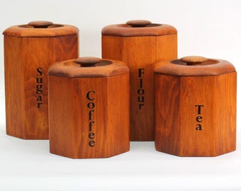 VINTAGE Wood Kitchen Canister Set Flour Sugar Coffee Tea Octagonal 4 Piece Set