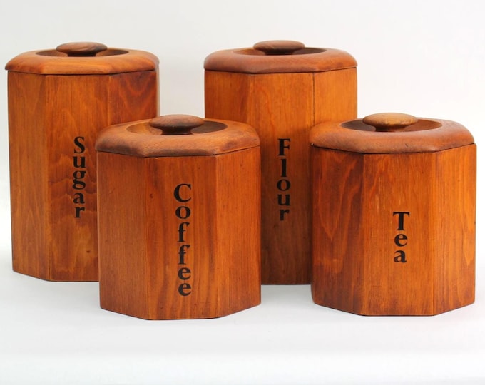 VINTAGE Wood Kitchen Canister Set Flour Sugar Coffee Tea Octagonal 4 Piece Set