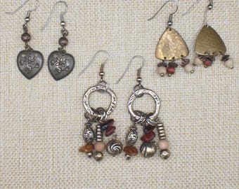 VINTAGE Artisan Earrings Trio. Boho Heart, Brass & Dangle Charms