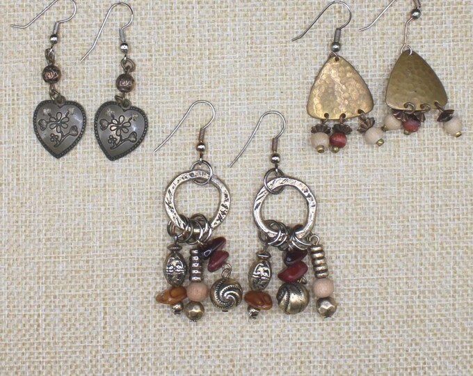 VINTAGE Artisan Earrings Trio. Boho Heart, Brass & Dangle Charms