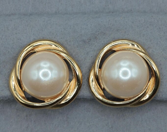 VINTAGE Richelieu Faux Pearl Gold Tone Clip Earrings • Modern Swirl Knot Design • Classic Designer Jewelry