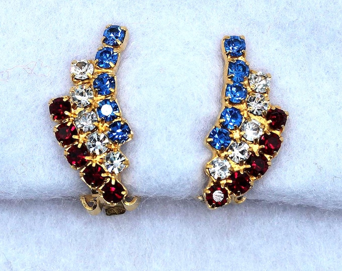 Vintage Red White Blue Rhinestone Clip-On , Patriotic Crystal Earrings, Americana Jewelry, Fourth of July, Gold Tone