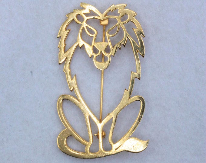 VINTAGE Modernist Lion Brooch • Abstract Openwork Gold Tone Figural Pin • Minimalist Animal Jewelry