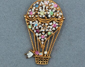 Vintage Hot Air Balloon Brooch • Gold Tone White Enamel & Rhinestone Balloon Pin • Colorful Novelty Jewelry