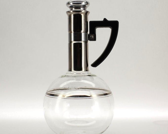 VINTAGE. Mid-Century Glass Beverage Server with Cork Stopper and Mirrored Neck