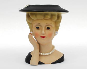 VINTAGE Lady Head Vase Blonde Woman Black Hat Pearl Necklace Ceramic Planter Replacement Earrings