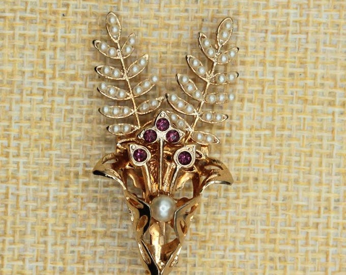 VINTAGE Seed Pearl & Amethyst Rhinestone Floral Brooch. Delicate Gold Tone Lace Bouquet Pin. Mid Century Jewelry