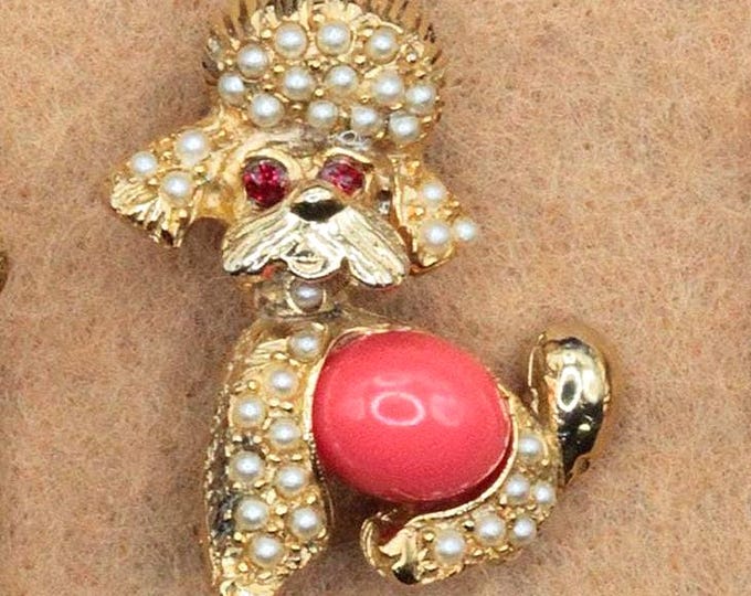 VINTAGE Pell Poodle Brooch • Faux Pearl & Pink Cabochon Dog Pin • Gold Tone Designer Jewelry