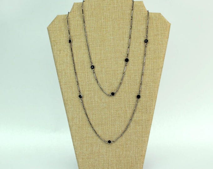 VINTAGE Something Special Layering Necklace Set • Two Coordinating Silver Tone Necklaces with Black Glass Bead Stations