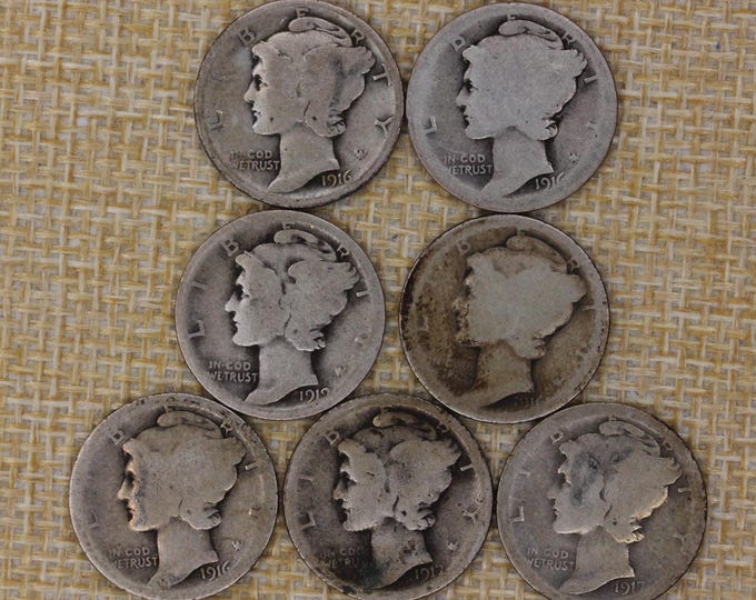 VINTAGE 1916 1917 1919-S Mercury Dimes Lot of 7 Early 90% Silver US Coins
