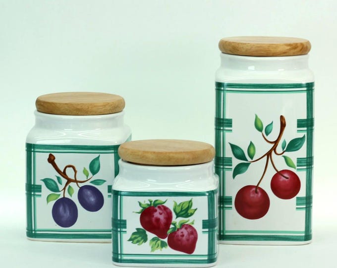 Vintage Fruit Canister Set, Ceramic Kitchen Storage Jars with Wood Lids, Set of 3