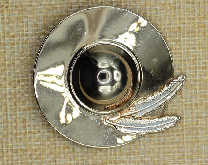 VINTAGE Wide Brim Hat Brooch • Silver Tone Derby Hat Pin with Feather Accents • Mid-Century Fashion Jewelry
