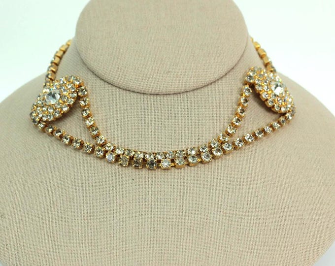VINTAGE Double Strand Rhinestone Necklace, Gold Tone Princess Length, Bridal Wedding Formal Jewelry