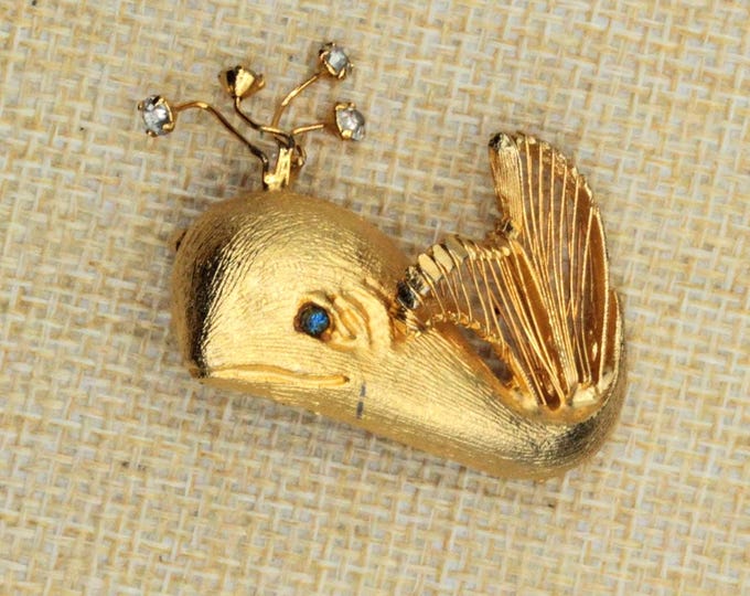 VINTAGE Goldtone Whale Brooch • Blue Rhinestone Eye • Crystal Water Spout Figural Pin