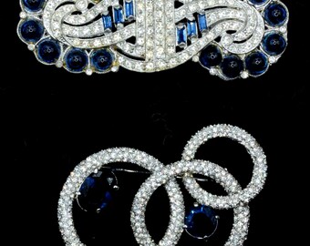 Vintage Sapphire Showpiece Evening Brooches • Silver Tone Blue Rhinestone Statement Pins