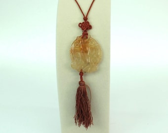 VINTAGE Hand Carved Stone Fish Pendant Necklace • Chinese Silk Cord & Tassel • Traditional Asian Jewelry • Cream Honey Stone