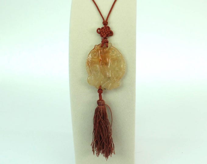 VINTAGE Hand Carved Stone Fish Pendant Necklace • Chinese Silk Cord & Tassel • Traditional Asian Jewelry • Cream Honey Stone