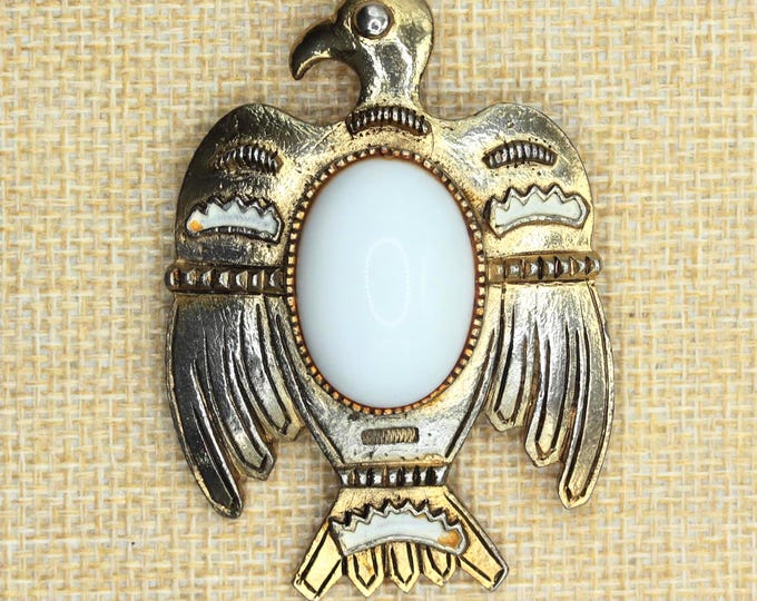 VINTAGE Richelieu Thunderbird Brooch • White Glass Cabochon • Gold Tone Southwestern Bird Pin • Signed Richelieu