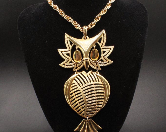 VINTAGE Articulated Owl Pendant Necklace. Oversized Jointed Body with Shimmering Eyes.