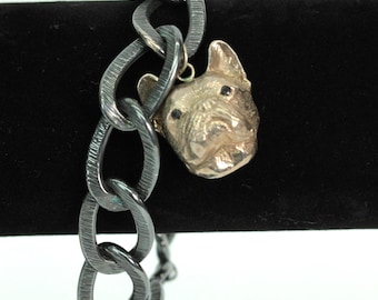 VINTAGE Bulldog Charm Bracelet • Gunmetal Gray Link Bracelet • French Bulldog Dog Lover Jewelry • Chunky Statement Bracelet • 7.5 Inch