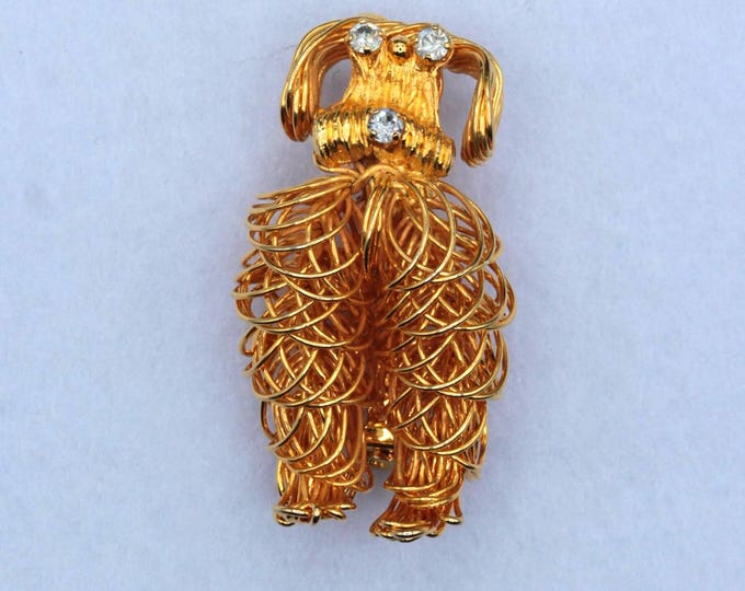 VINTAGE Wirework Terrier Brooch • Hand Formed Gold Tone Dog Pin • Rhinestone Eyes • Artisan Openwork Figural Jewelry