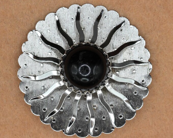 Vintage Sarah Coventry Black Cabochon Brooch • Silver Tone Modernist Sunburst Pin • 2 Inch Statement Fashion Jewelry • 1970s