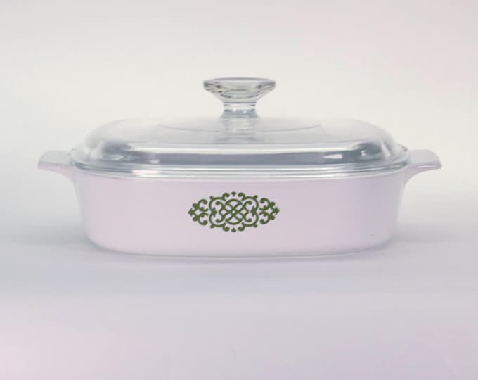 VINTAGE Corning Ware Green Medallion Casserole with Lid – 1970s Shell Oil Promotion, Pyroceram Dish Made in USA