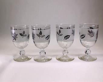 VINTAGE Libbey Silver Leaf Goblets. Set of 4. No Trim. 1950s–60s Footed Bar Glasses. Cocktail or Water Glasses.