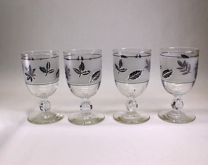 MCM Libbey Silver Leaf Footed Goblets, No Trim. Set of 4.