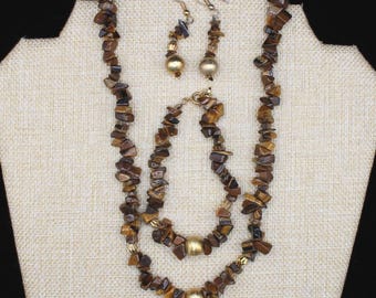VINTAGE Tigers Eye Jewelry Set. Necklace, Bracelet & Earrings