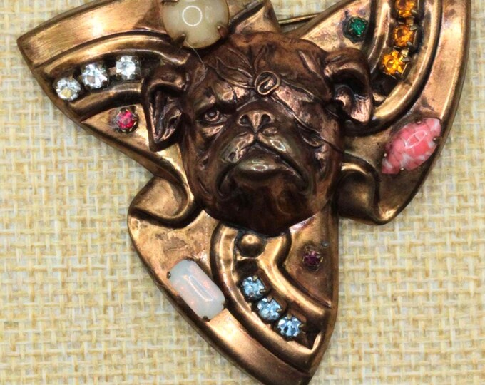 VINTAGE Sculptural Bulldog Brooch • Copper Tone Art Jewelry • Abstract Rhinestone Statement Pin • Whimsical Dog Lover Gift