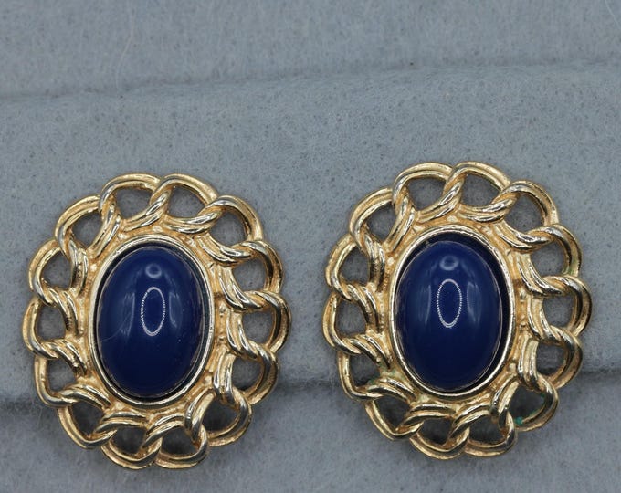 VINTAGE Trifari Cobalt Blue Cabochon Clip Earrings • Gold Tone Openwork Frame • Classic Designer Jewelry