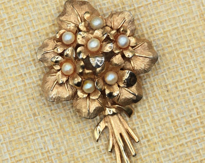 VINTAGE Marcel Boucher Pearl Floral Bouquet Brooch. Gold Tone Flower Pin. Signed Designer Jewelry. Mid Century