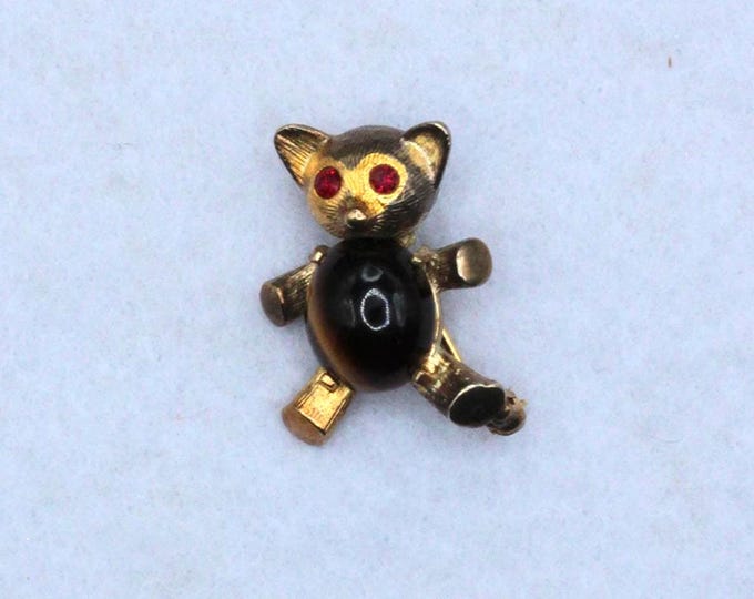 VINTAGE Sterling Silver Tiger's Eye Teddy Bear Brooch • Gold Washed Figural Animal Pin • Made in USA