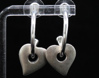 VINTAGE Silver Tone Hoop Earrings. Minimalist Dangle Hearts.
