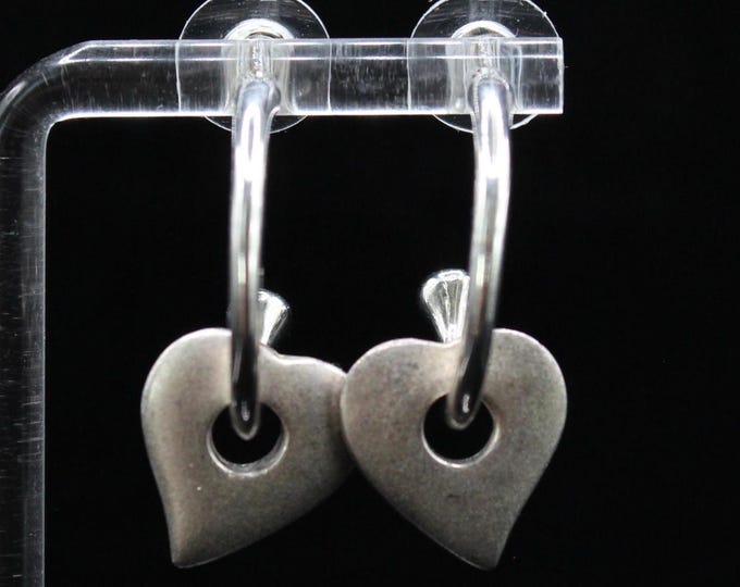VINTAGE Silver Tone Hoop Earrings. Minimalist Dangle Hearts.