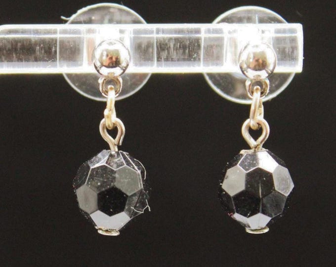 VINTAGE Black Bead Earrings. 1960s Faceted Plastic Dangles On Posts.