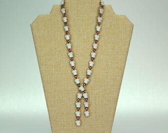 VINTAGE Trifari Milk Glass Pear Necklace. Aurora Borealis Rhinestones. Gold Tone Leaves. Mid Century Jewelry