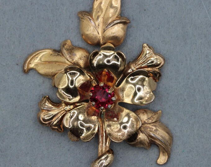 VINTAGE Gold Tone Floral Brooch • Ruby Red Rhinestone Flower Pin • Retro Botanical Spray • 2"