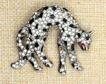 Vintage Rhinestone Leopard Panther Brooch Pendant • Red Eyes • Black & Clear Crystal Cat • Silver Tone Animal Jewelry