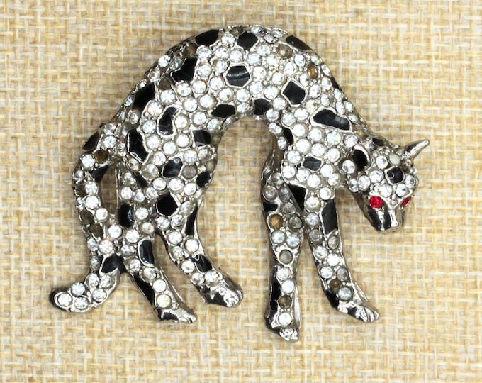 Vintage Rhinestone Leopard Panther Brooch Pendant • Red Eyes • Black & Clear Crystal Cat • Silver Tone Animal Jewelry