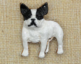 VINTAGE Karen Silton French Bulldog Brooch • Hand Sculpted Ceramic Dog Pin • Signed Studio Art Jewelry