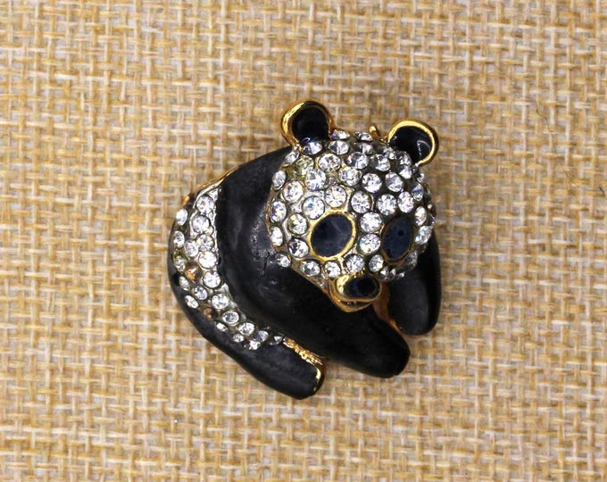 VINTAGE Bobble Head Panda Bear Brooch Black Enamel Rhinestone Pin