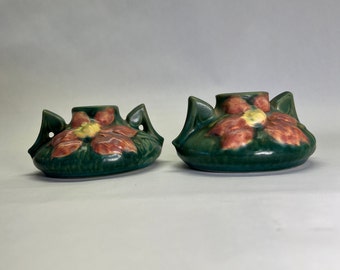 Vintage Roseville Clematis Canlesticks- Intact Pair