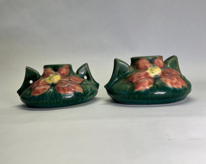Vintage Roseville Clematis Canlesticks- Intact Pair