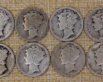 VINTAGE Mercury Dime Lot 1926 1927 1928-D Eight 90% Silver US Coins